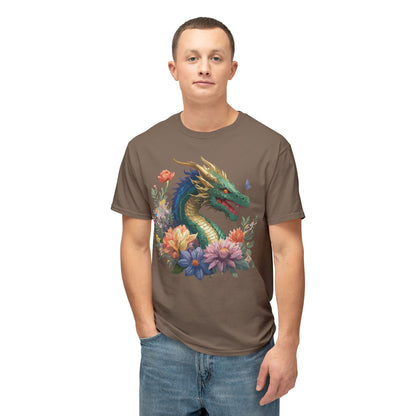 Dragon Art Tee Shirt Unisex Floral Print Cotton Tee USA Made