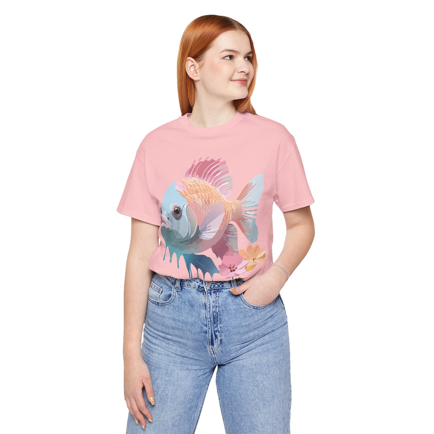 Natural Cotton Tee Shirt with Fish