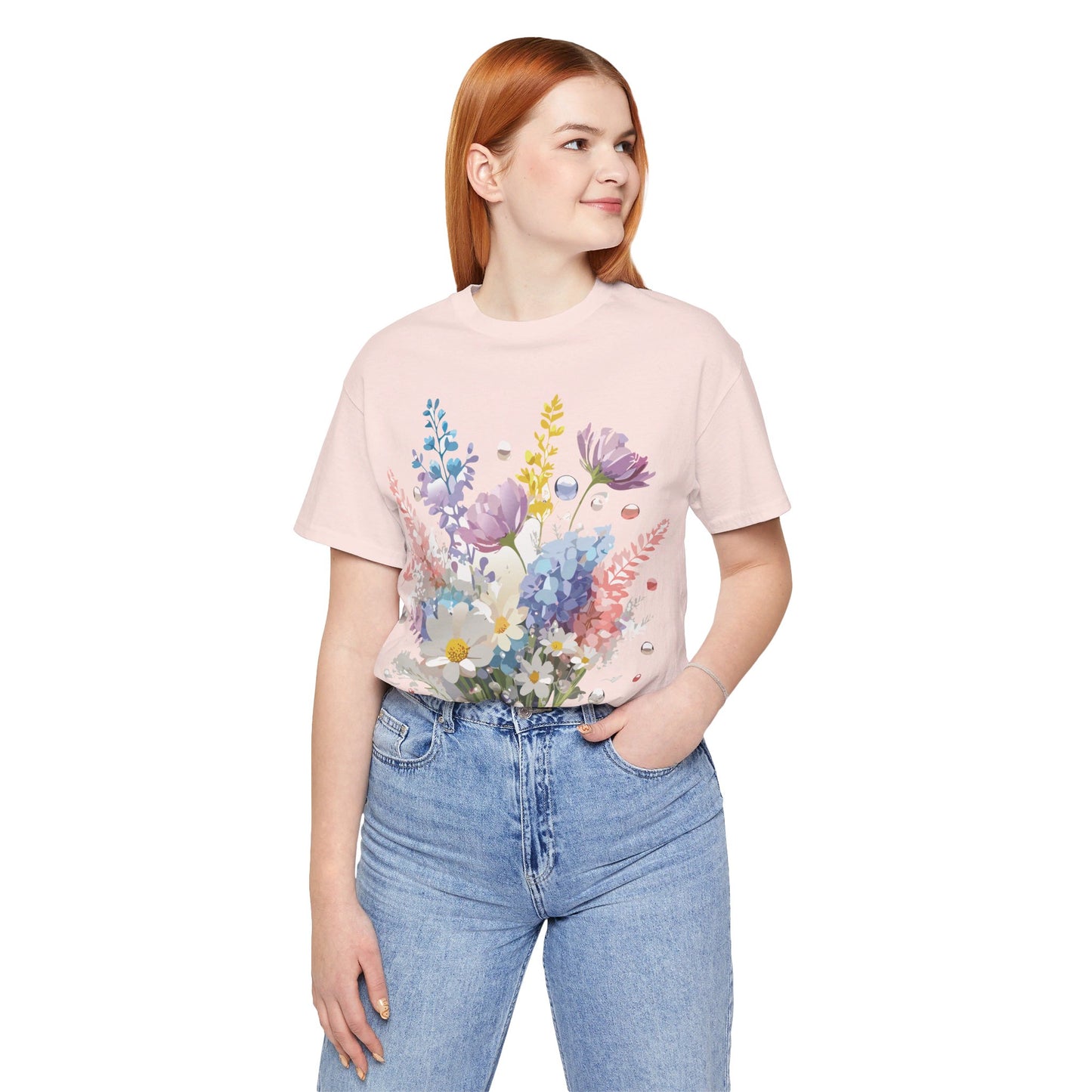 Natural Cotton Tee Shirt with Flowers