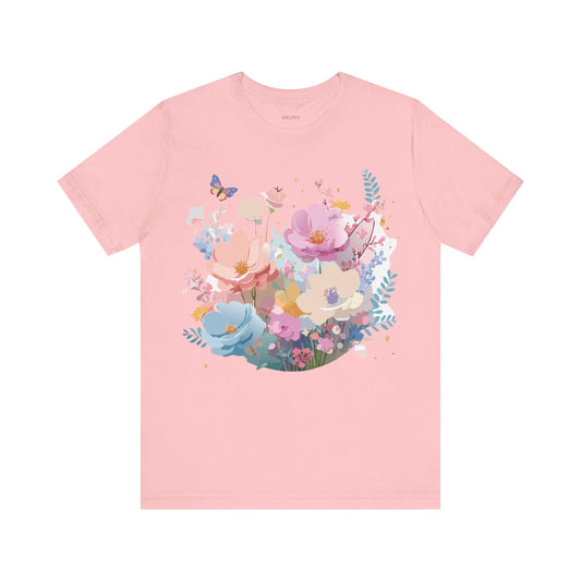 Natural Cotton Tee Shirt with Flowers