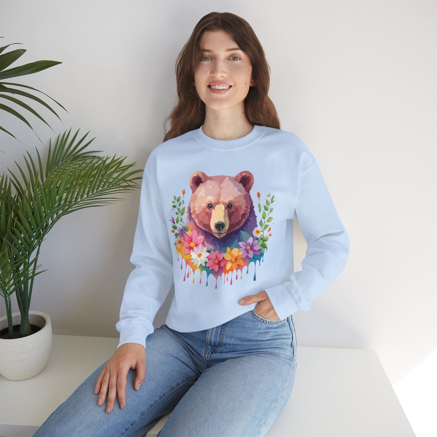 Unisex Floral Bear Sweatshirt, Animals Sweatshirt, Floral Sweatshirt, Art Design Sweatshirt