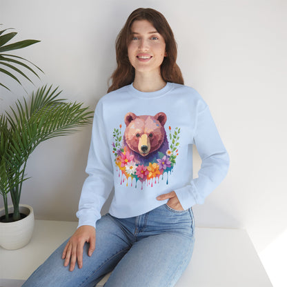 Unisex Floral Bear Sweatshirt Art Design Animals Sweatshirt Cozy Cotton Blend