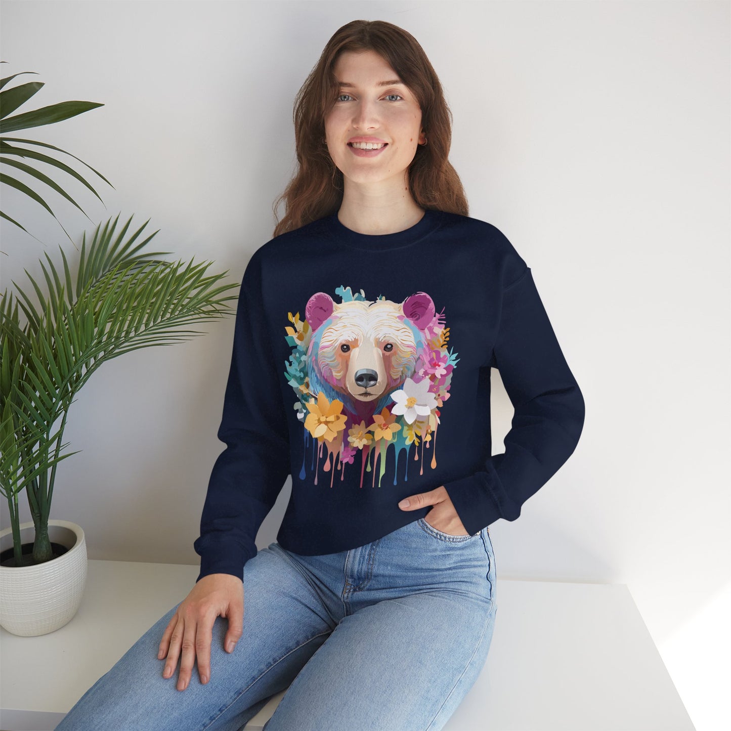 Unisex Floral Bear Sweatshirt, Animals Sweatshirt, Floral Sweatshirt, Art Design Sweatshirt