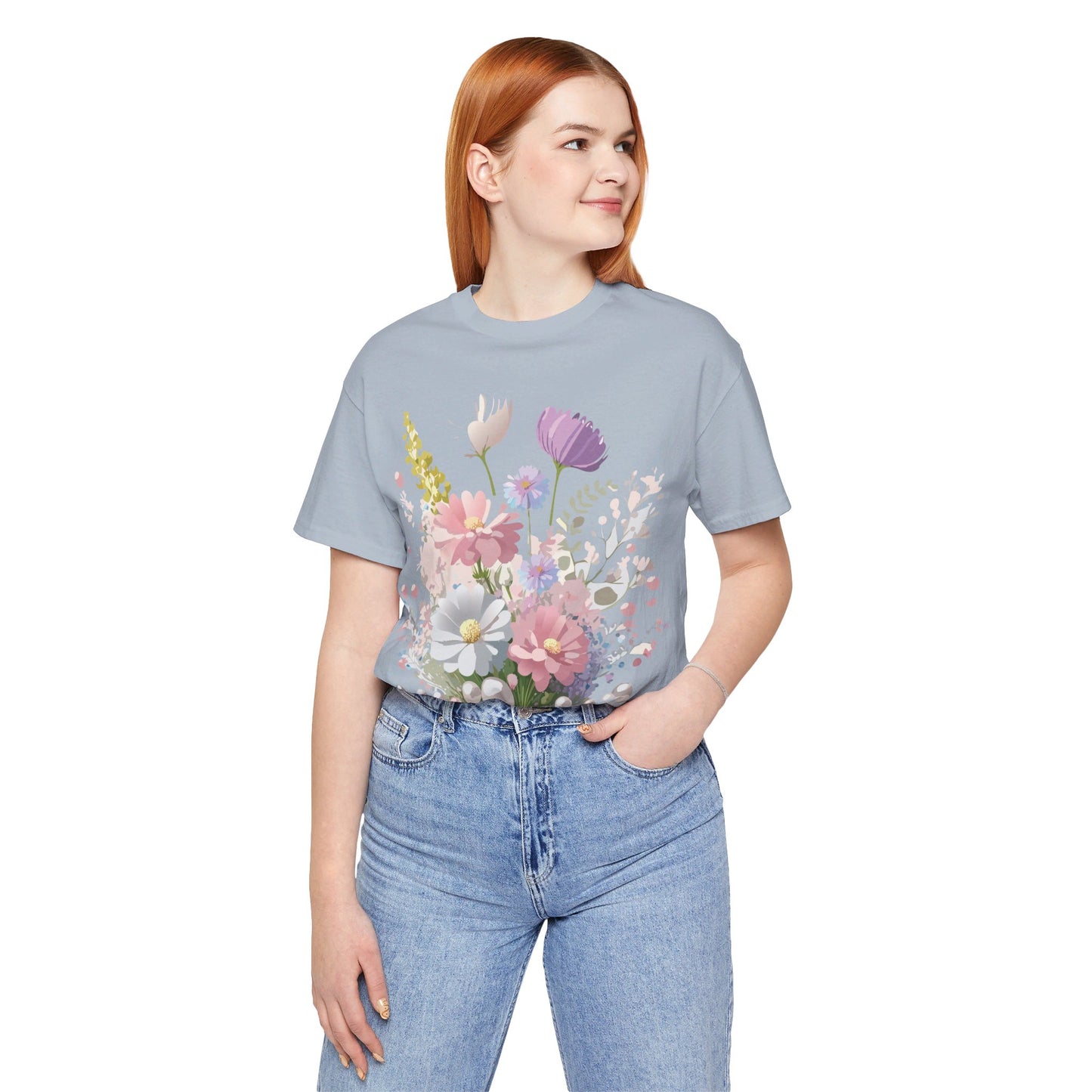 Natural Cotton Tee Shirt with Flowers