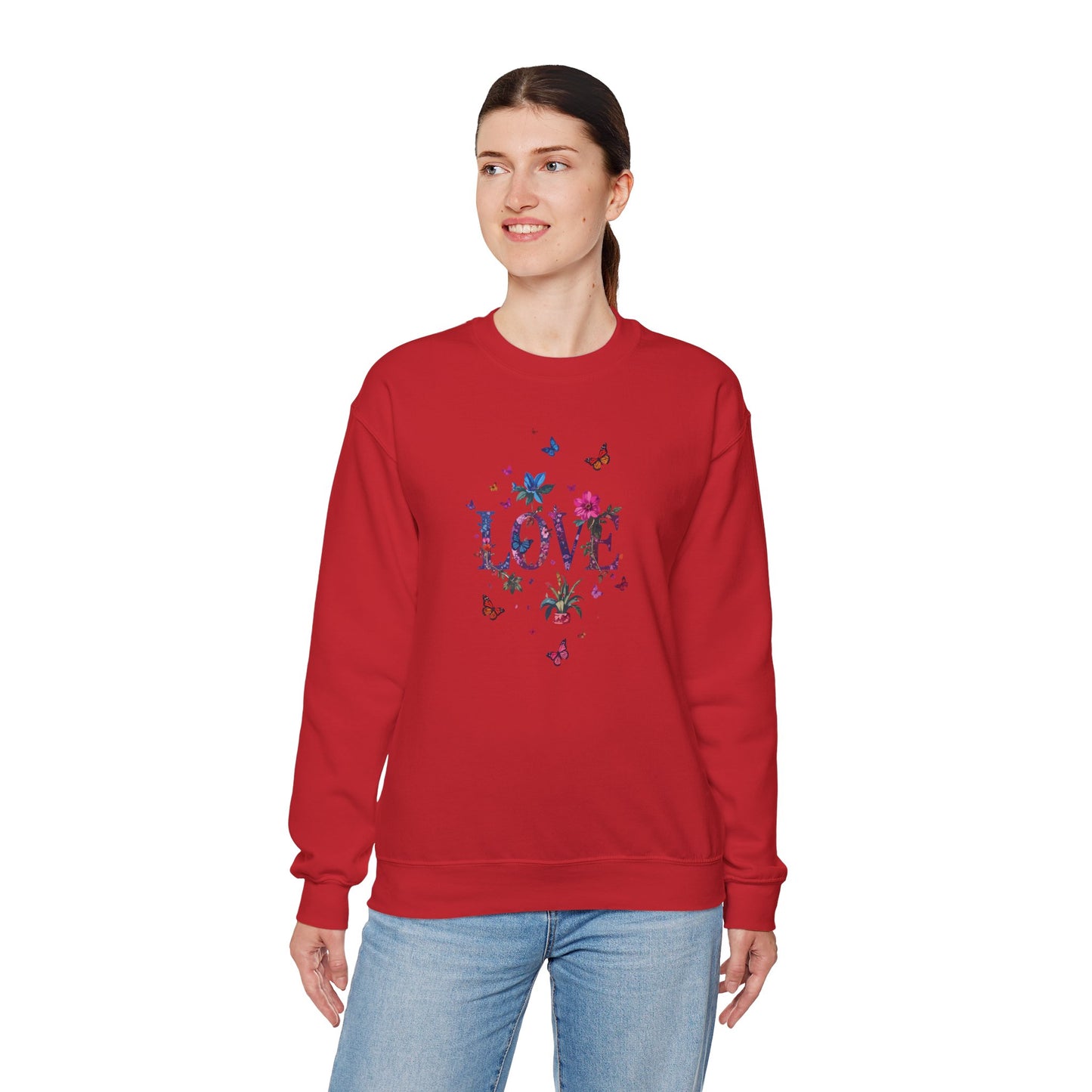 Unisex Floral Love Sweatshirt, Love Floral Sweatshirt, Floral Butterfly Sweatshirt, 50/50 Cotton-Poly Valentine's Day Sweatshirt 03