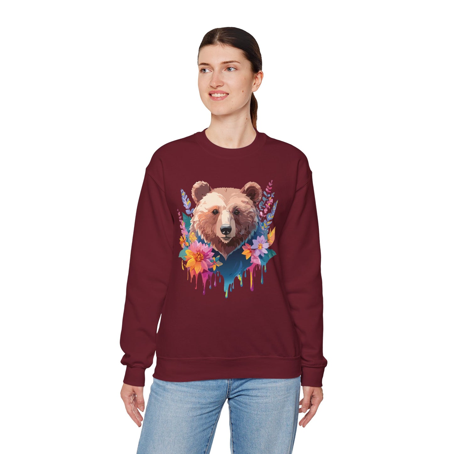 Unisex Floral Bear Sweatshirt, Animals Sweatshirt, Floral Sweatshirt, Art Design Sweatshirt