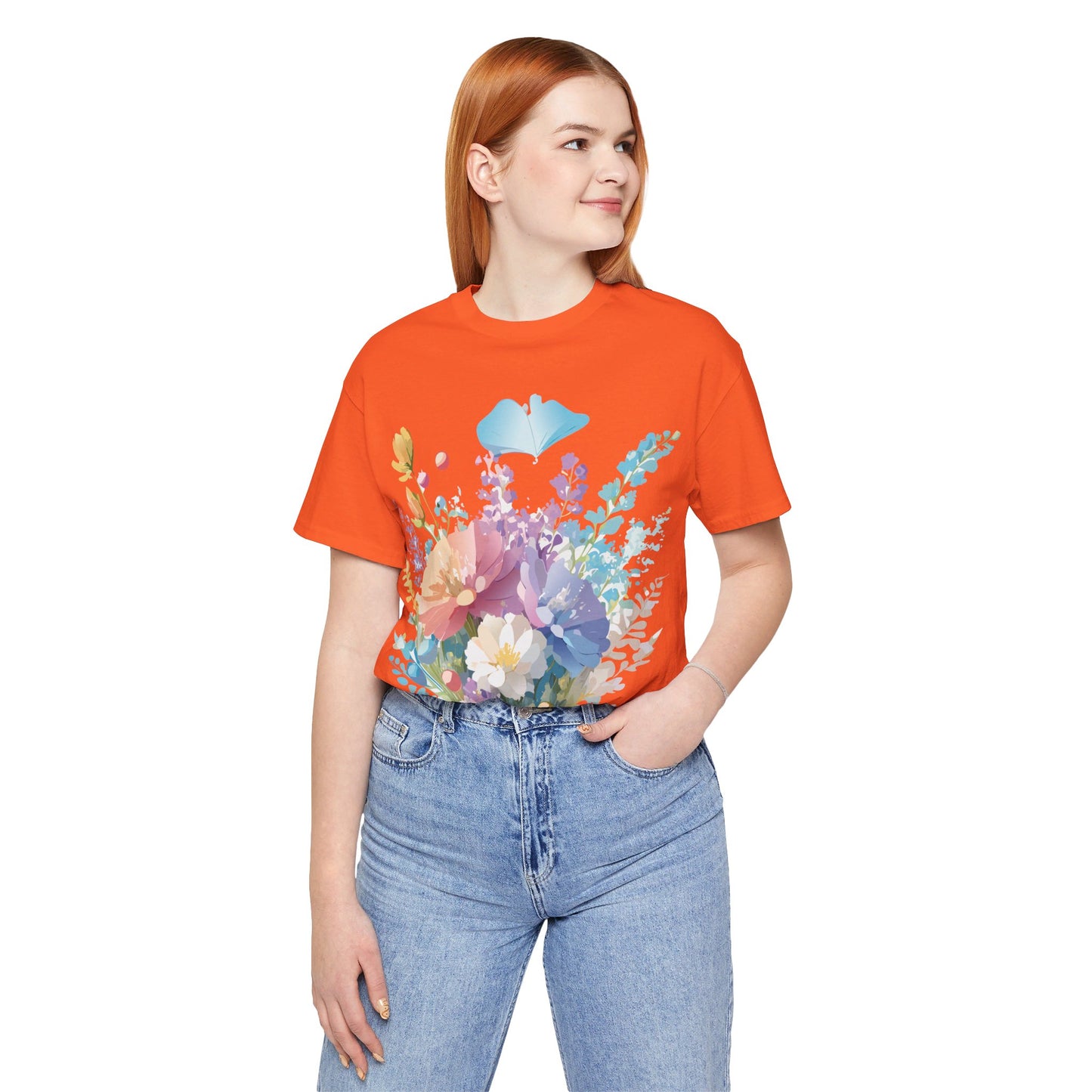 Natural Cotton Tee Shirt with Flowers