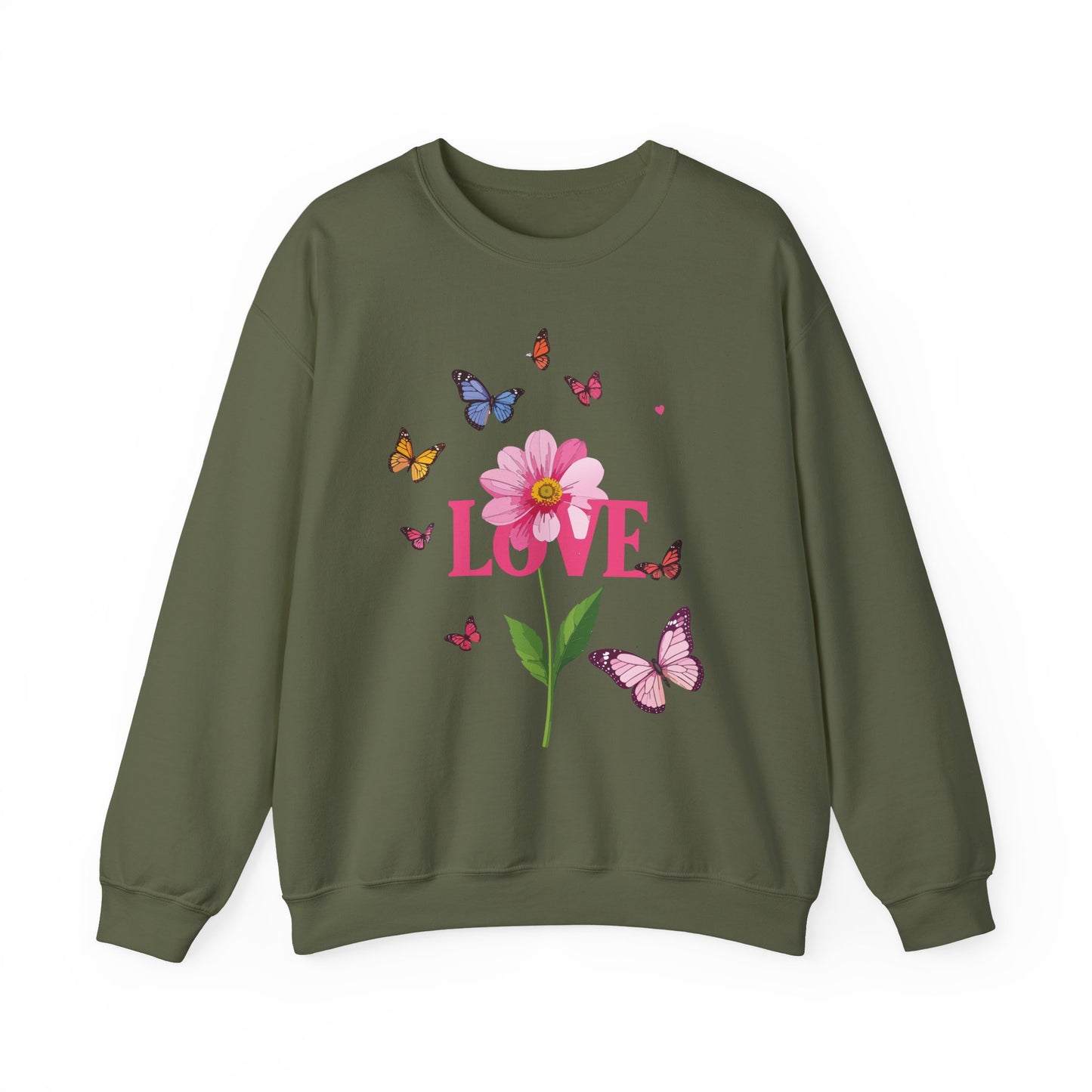 Unisex Floral Love Sweatshirt Valentines Day Cotton Poly Blend Butterfly