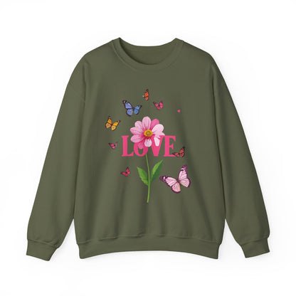 Unisex Floral Love Sweatshirt Valentines Day Cotton Poly Blend Butterfly