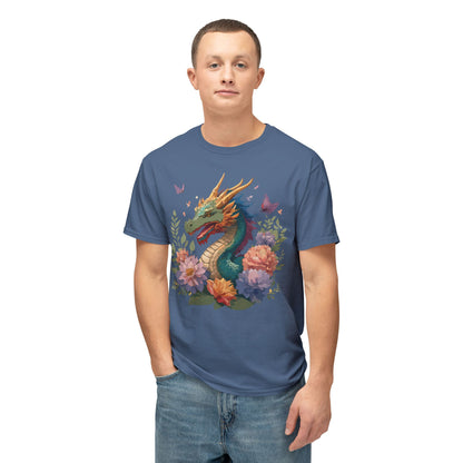 Dragon Art Tee Unisex Vintage Floral Tee Full Color Print HD Cotton