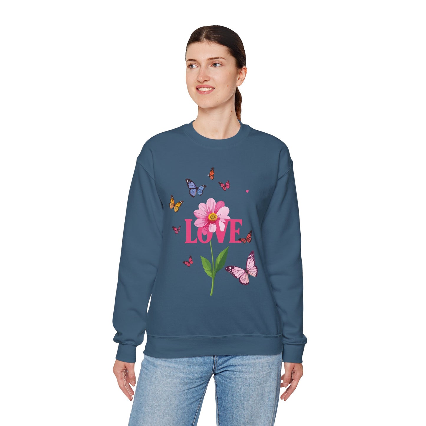 Unisex Floral Love Sweatshirt Valentines Day Cotton Poly Blend Butterfly