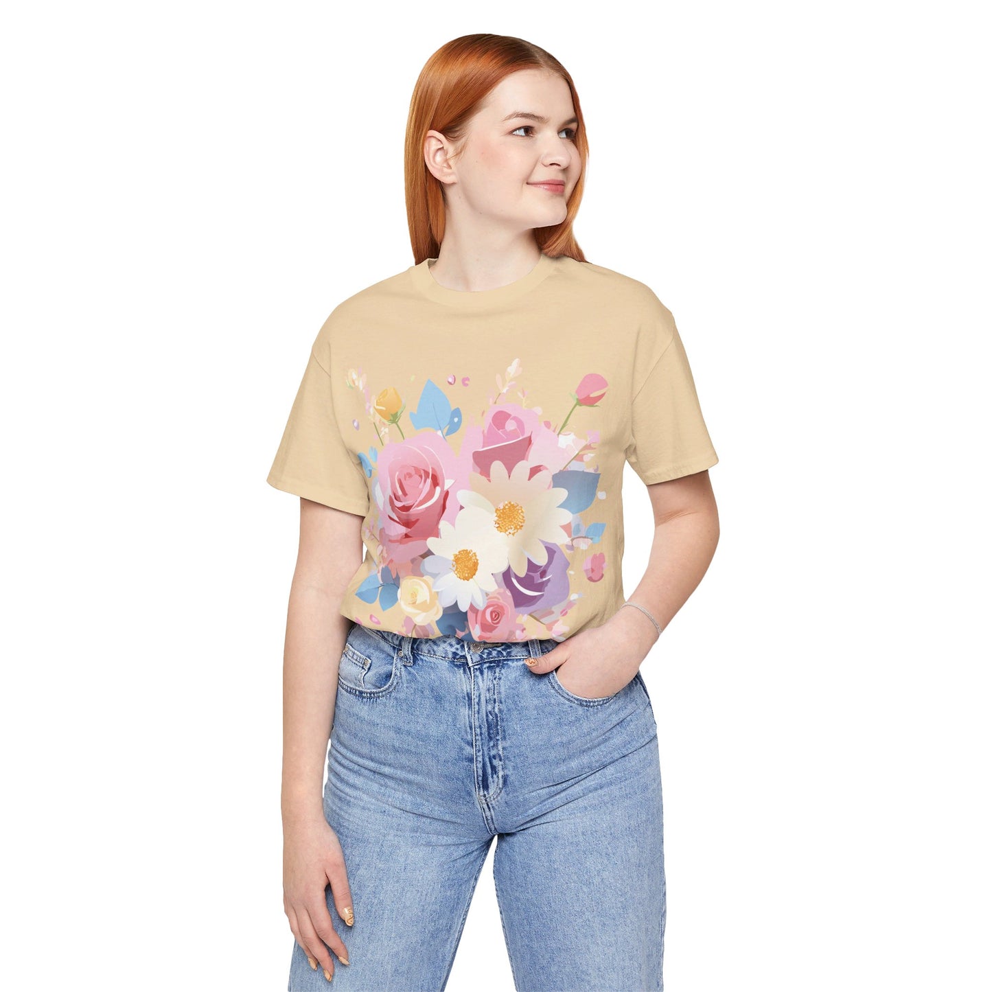 Natural Cotton Tee Shirt with Flowers