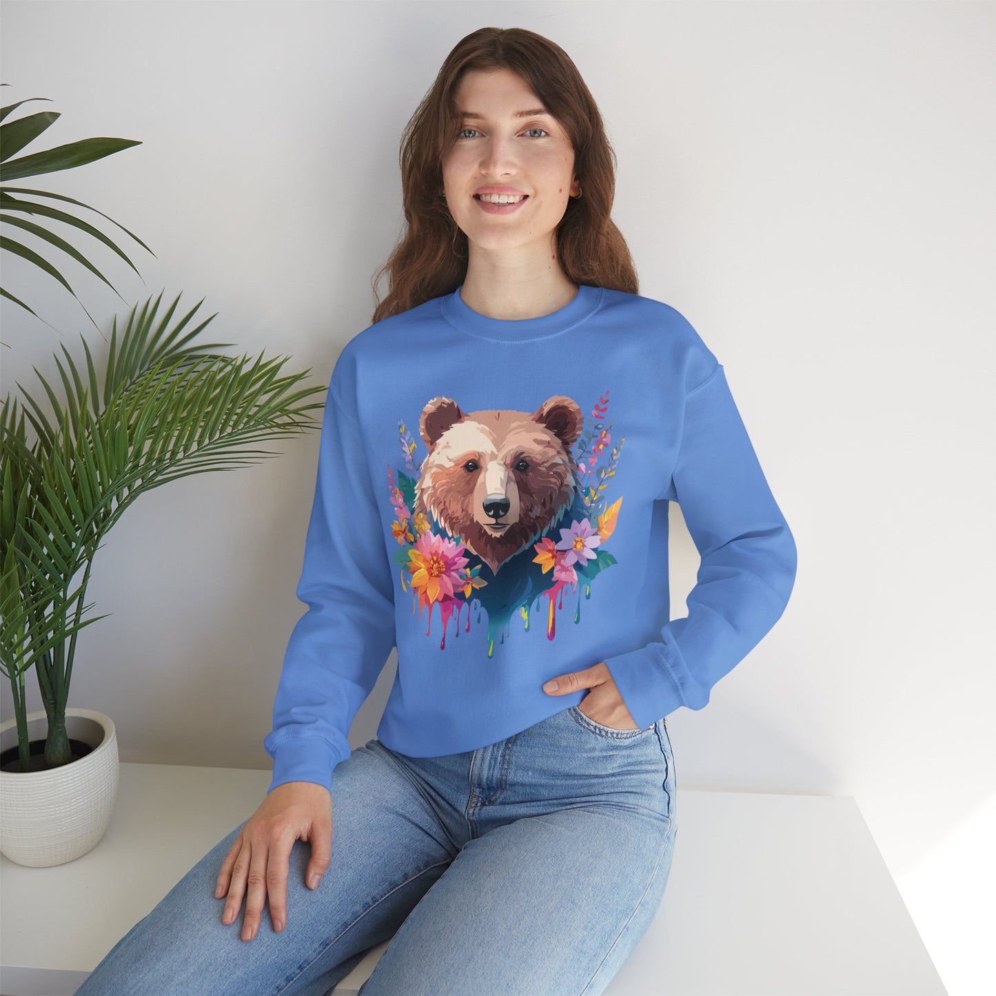 Unisex Floral Bear Sweatshirt, Animals Sweatshirt, Floral Sweatshirt, Art Design Sweatshirt