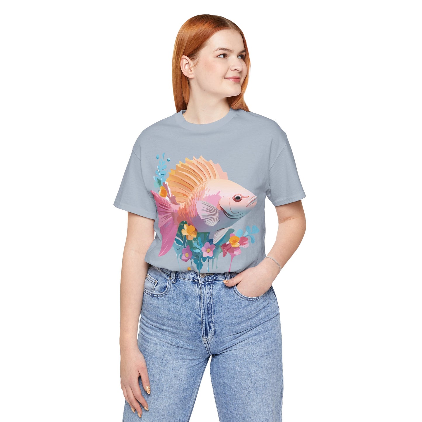 Natural Cotton Tee Shirt with Fish