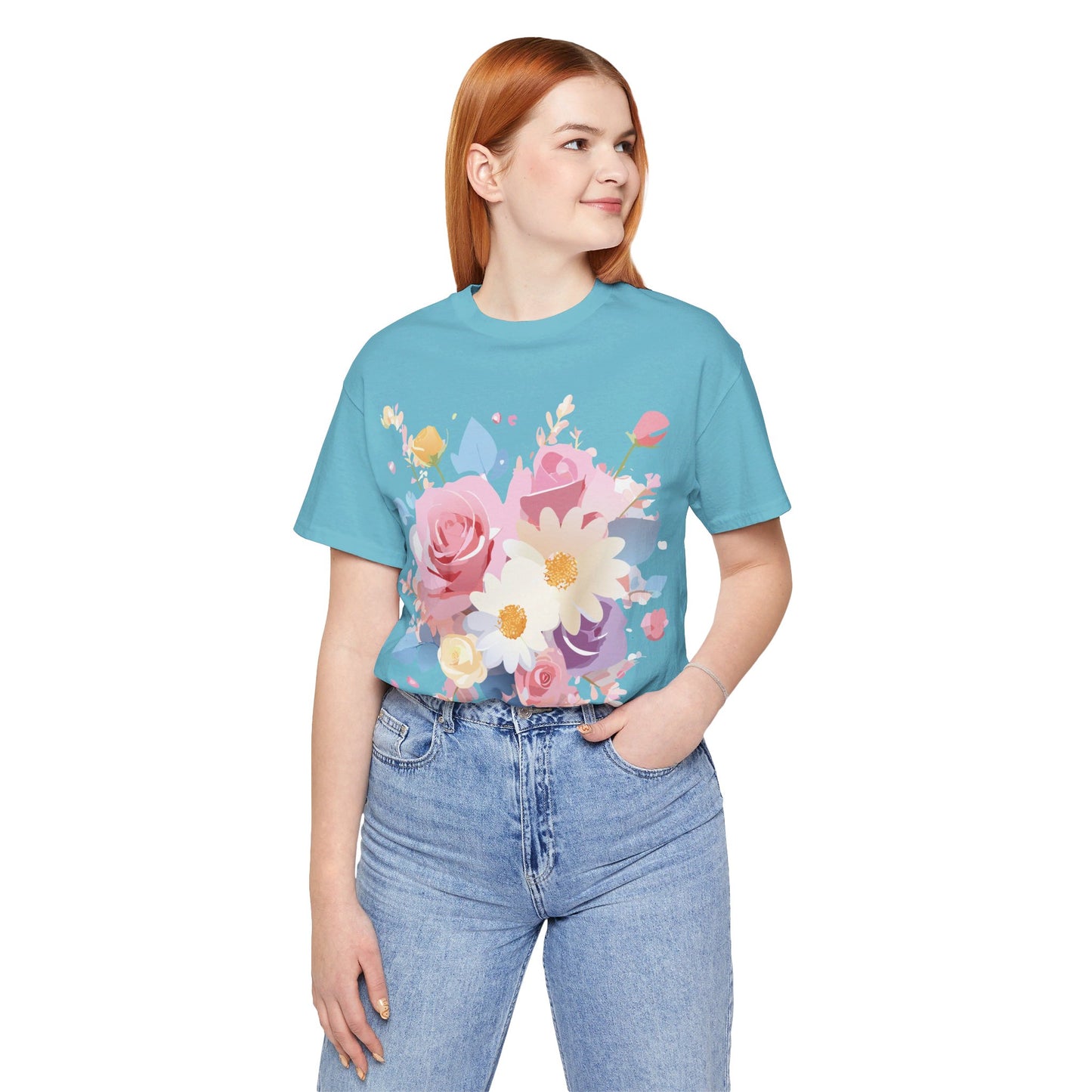 Natural Cotton Tee Shirt with Flowers