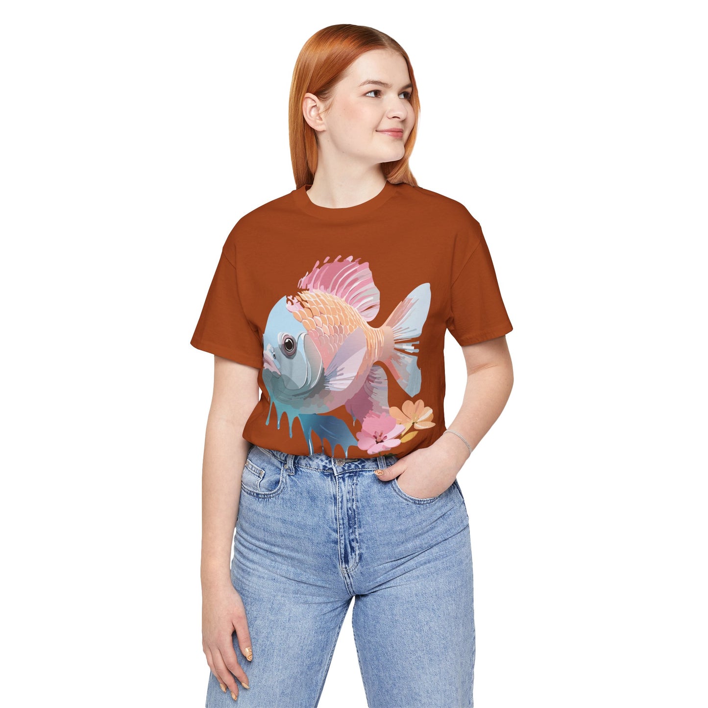 Natural Cotton Tee Shirt with Fish