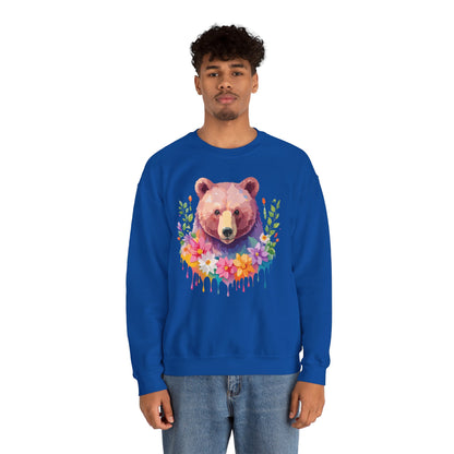 Unisex Floral Bear Sweatshirt Art Design Animals Sweatshirt Cozy Cotton Blend