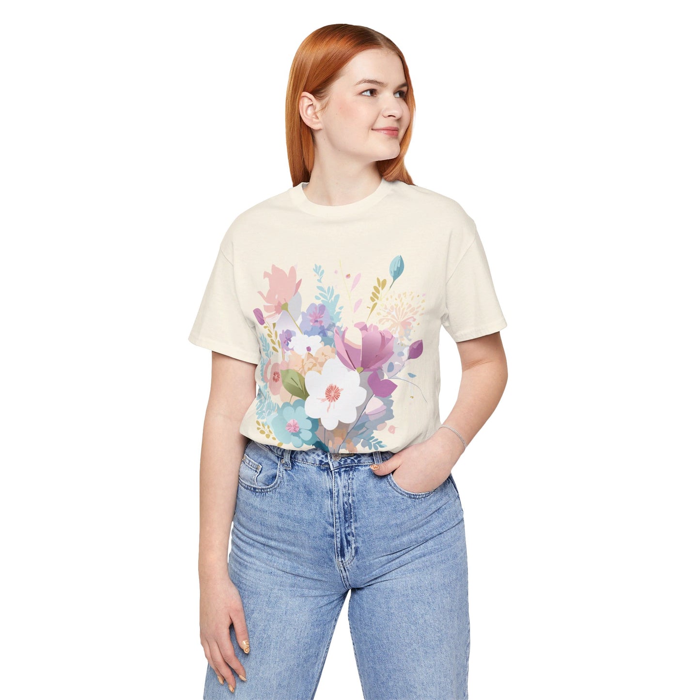 Natural Cotton Tee Shirt with Flowers