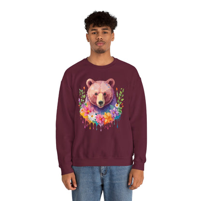 Unisex Floral Bear Sweatshirt Art Design Animals Sweatshirt Cozy Cotton Blend