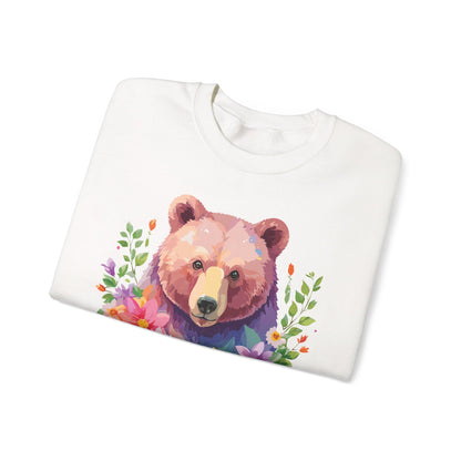 Unisex Floral Bear Sweatshirt Art Design Animals Sweatshirt Cozy Cotton Blend