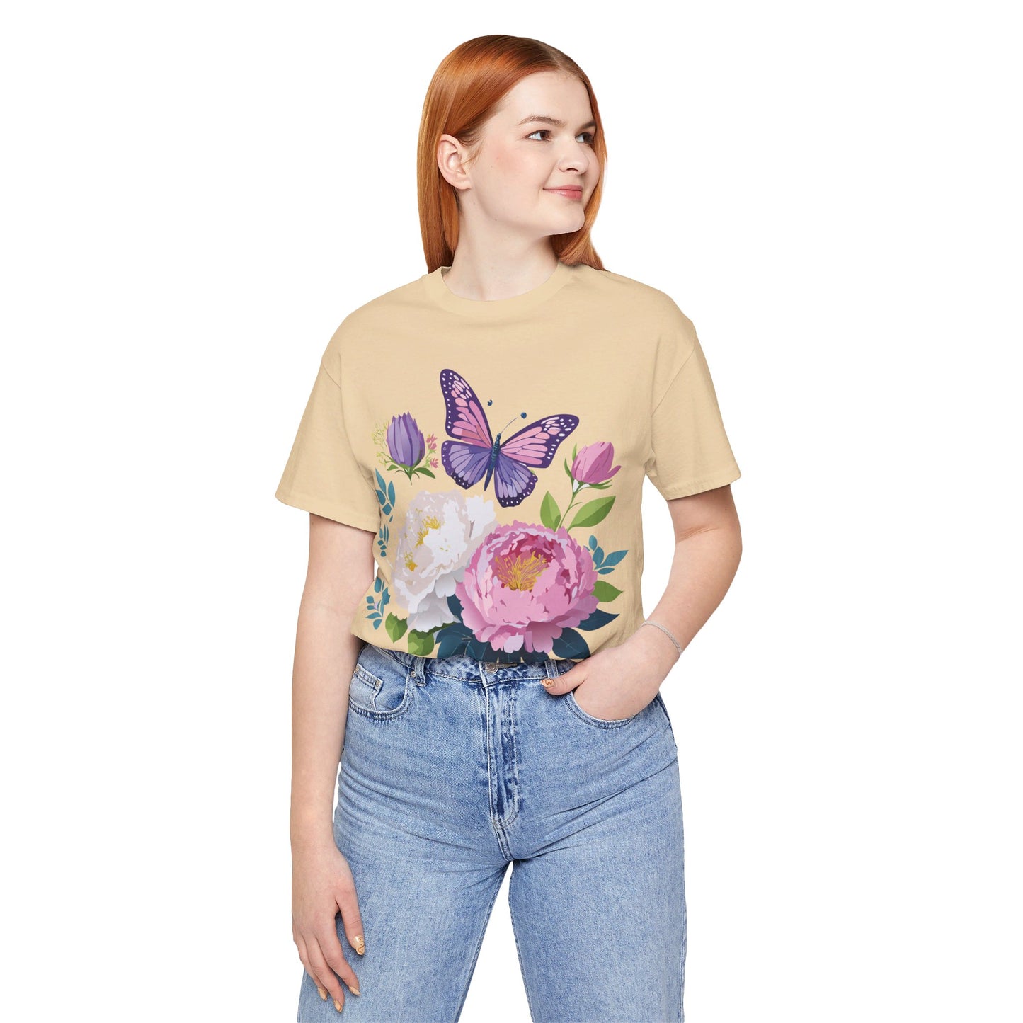 Natural Cotton Tee Shirt with Flowers