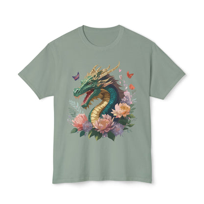 Dragon Art Design Unisex Cotton Tee With Floral Print Artwork And Dragon Graphic