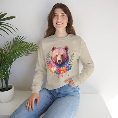 Unisex Floral Bear Sweatshirt Art Design Animals Sweatshirt Cozy Cotton Blend