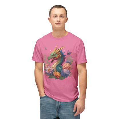 Dragon Art Tee Unisex Vintage Floral Tee Full Color Print HD Cotton