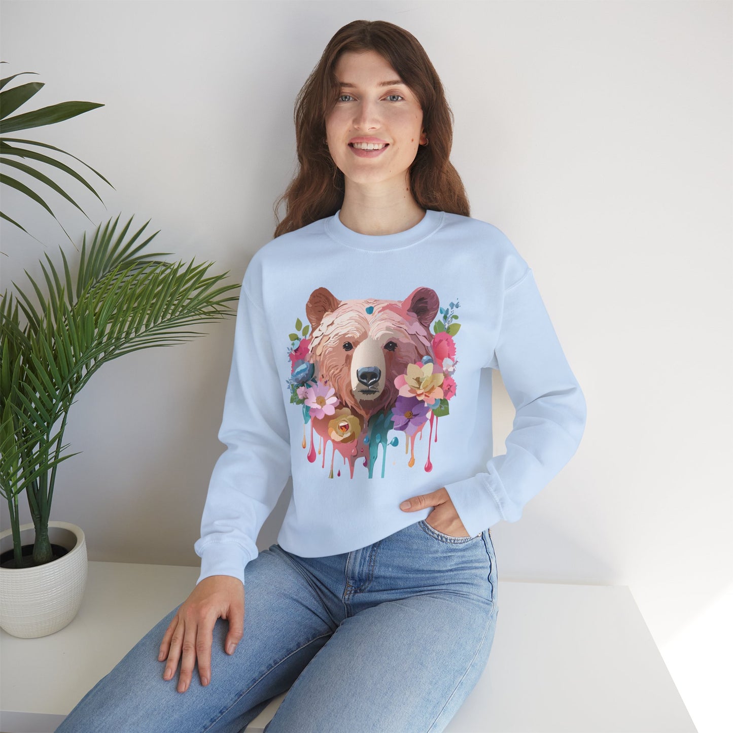 Unisex Floral Bear Sweatshirt, Animals Sweatshirt, Floral Sweatshirt, Art Design Sweatshirt