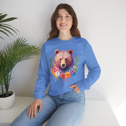 Unisex Floral Bear Sweatshirt Art Design Animals Sweatshirt Cozy Cotton Blend