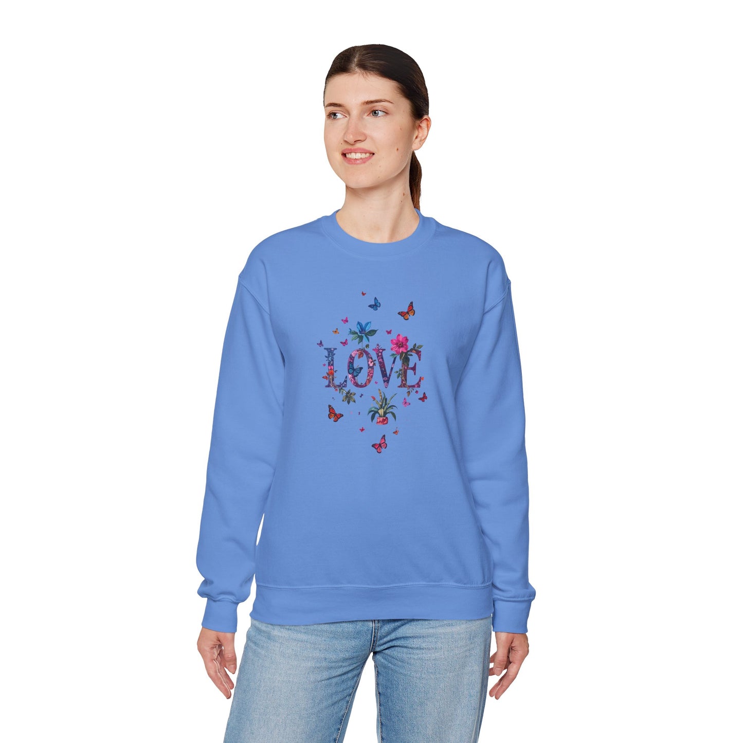 Unisex Floral Love Sweatshirt, Love Floral Sweatshirt, Floral Butterfly Sweatshirt, 50/50 Cotton-Poly Valentine's Day Sweatshirt 03