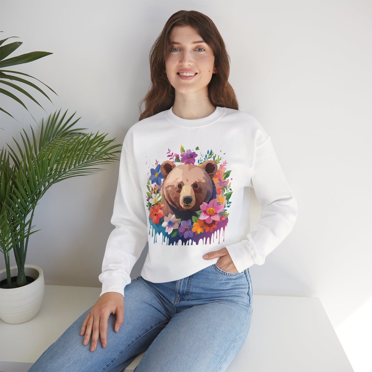 Unisex Floral Bear Sweatshirt, Animals Sweatshirt, Floral Sweatshirt, Art Design Sweatshirt