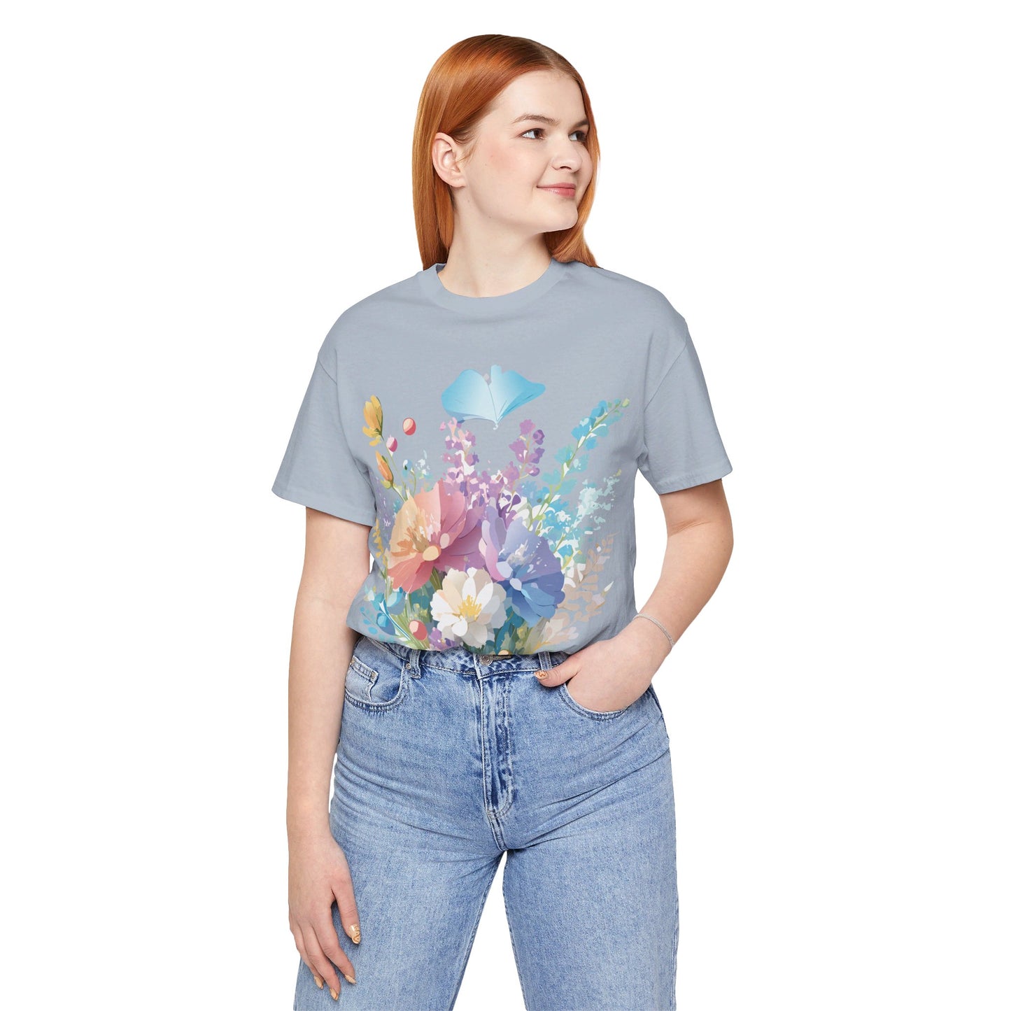 Natural Cotton Tee Shirt with Flowers