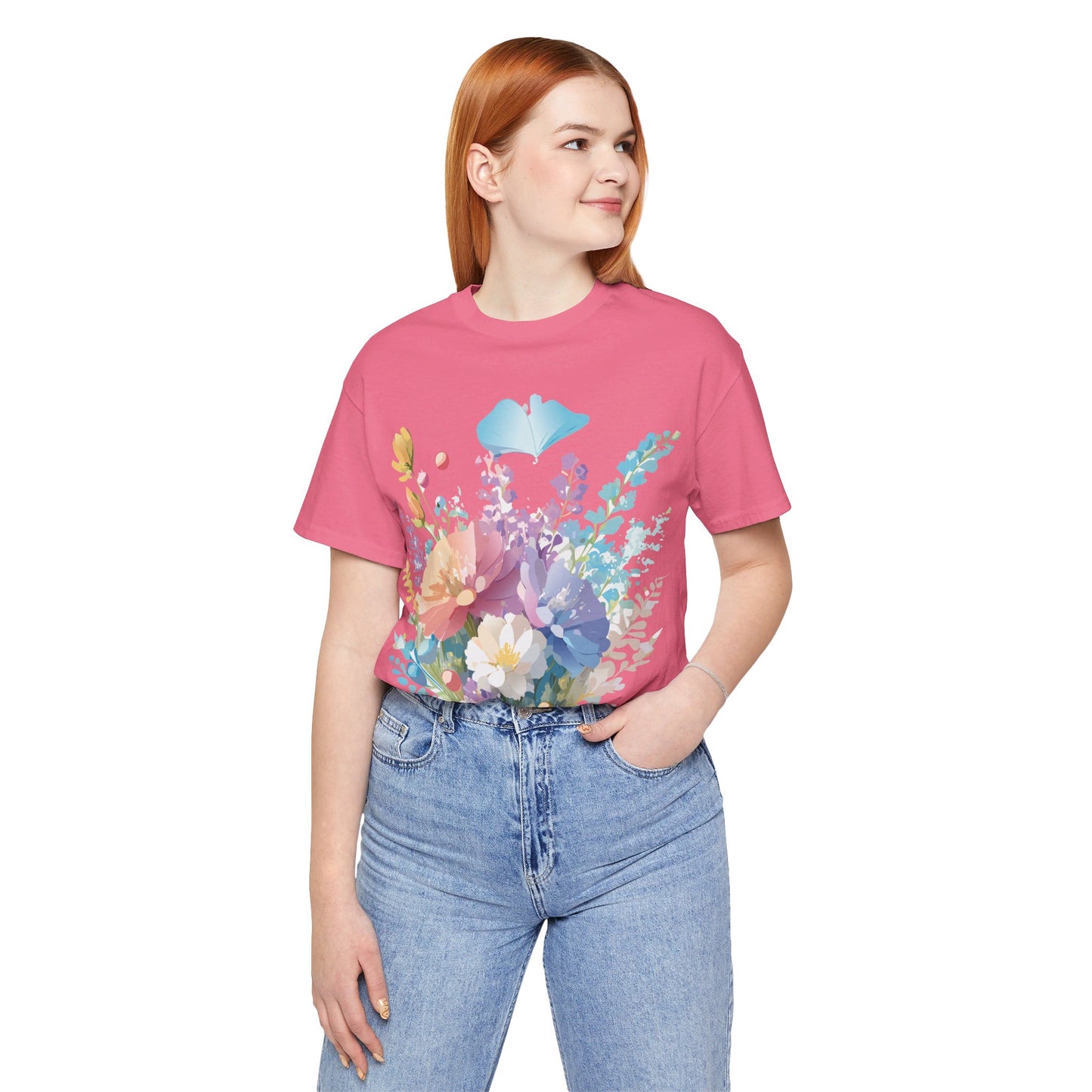 Natural Cotton Tee Shirt with Flowers