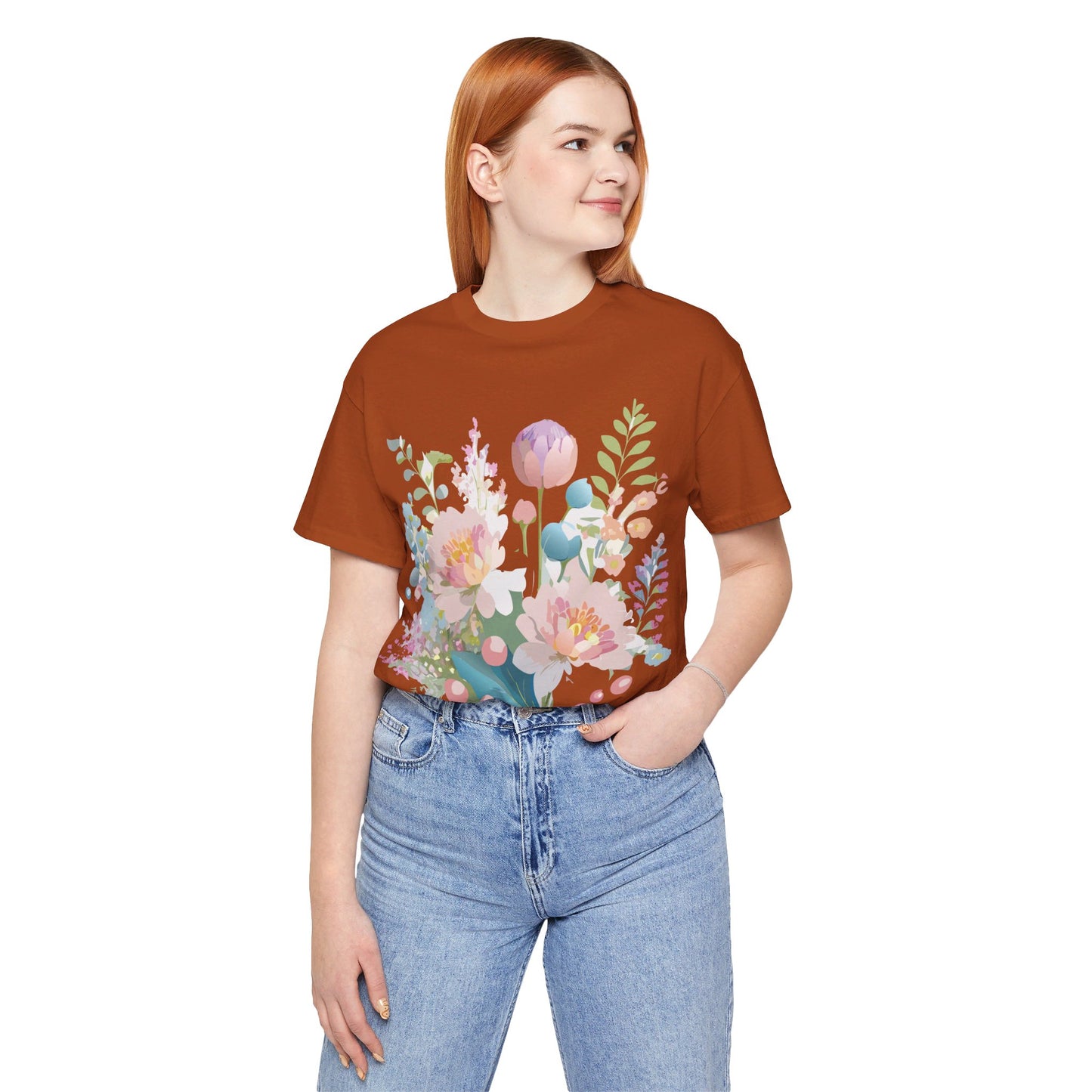 Natural Cotton Tee Shirt with Flowers