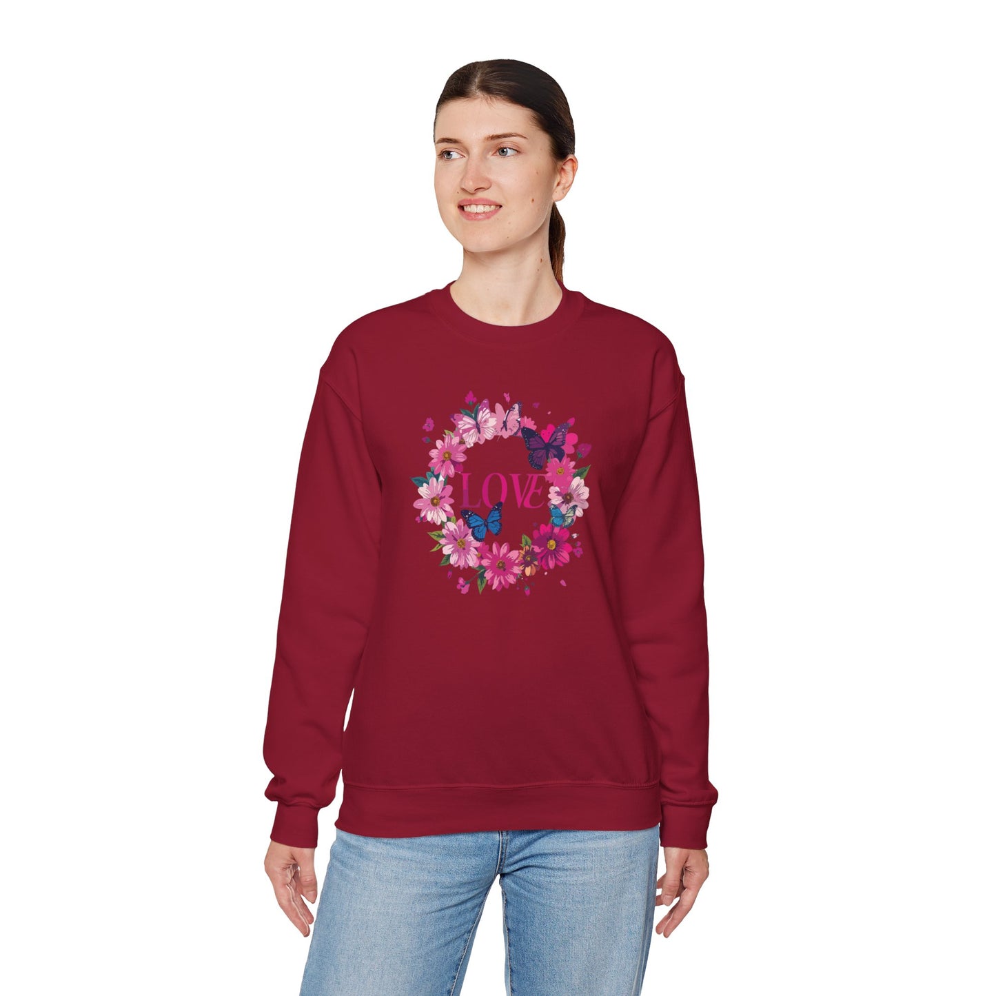 Unisex Floral Love Sweatshirt Butterfly Print 50 50 Cotton Poly Valentines Day