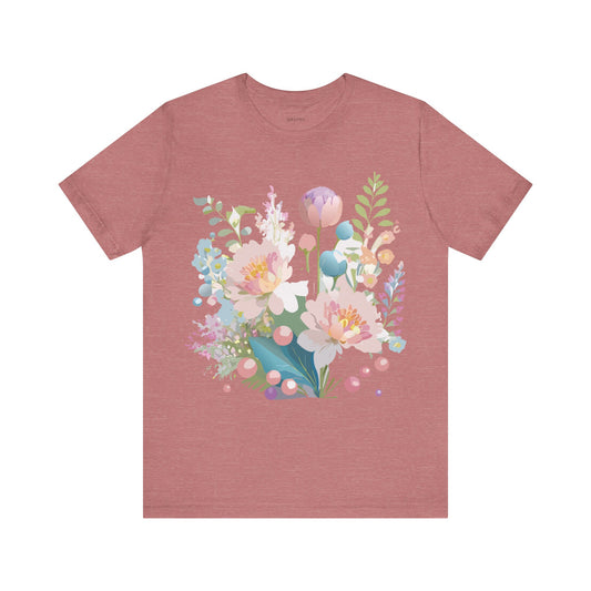 Natural Cotton Tee Shirt with Flowers