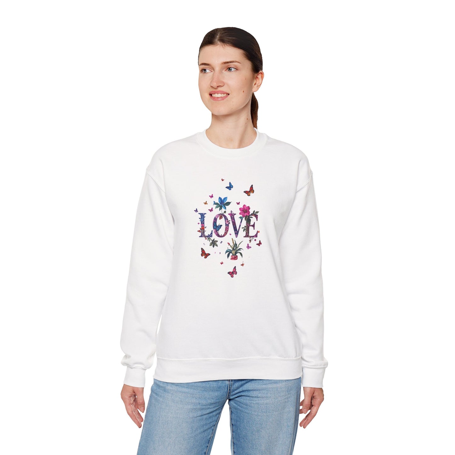 Unisex Floral Love Sweatshirt, Love Floral Sweatshirt, Floral Butterfly Sweatshirt, 50/50 Cotton-Poly Valentine's Day Sweatshirt 03