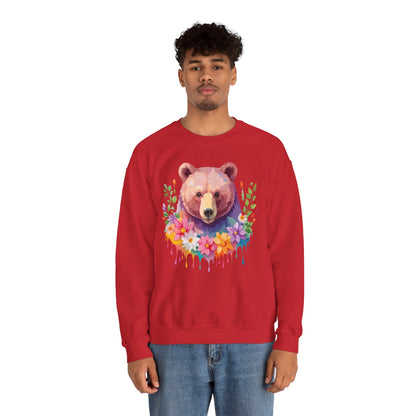 Unisex Floral Bear Sweatshirt Art Design Animals Sweatshirt Cozy Cotton Blend