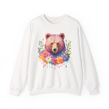 Unisex Floral Bear Sweatshirt Art Design Animals Sweatshirt Cozy Cotton Blend