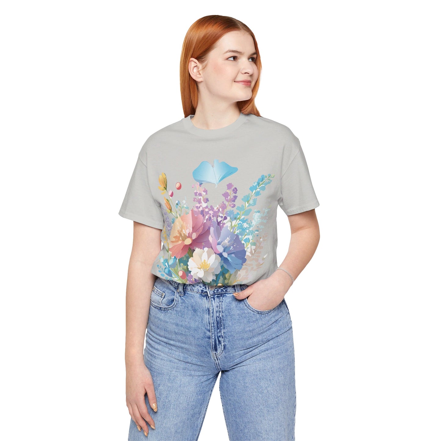 Natural Cotton Tee Shirt with Flowers