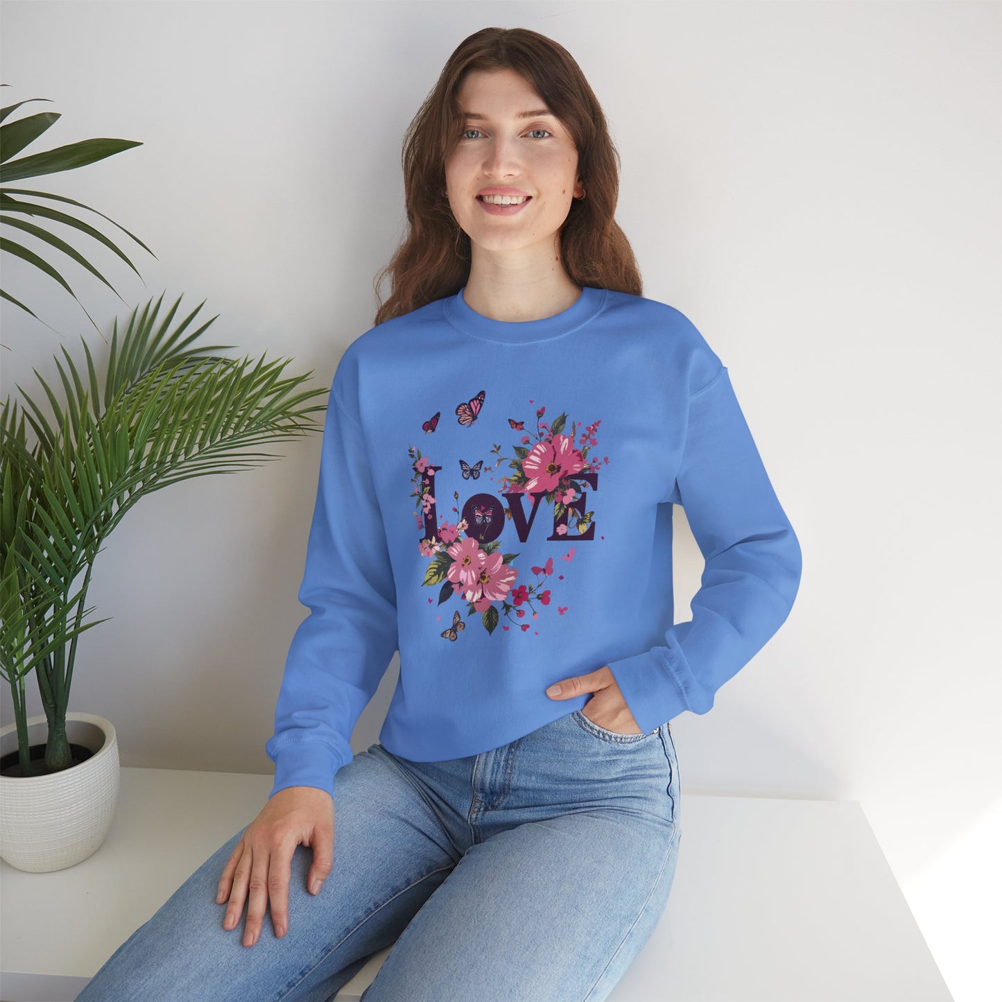 Unisex Floral Love Sweatshirt Fifty Fifty Cotton Poly Valentines Day Gift