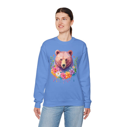 Unisex Floral Bear Sweatshirt Art Design Animals Sweatshirt Cozy Cotton Blend