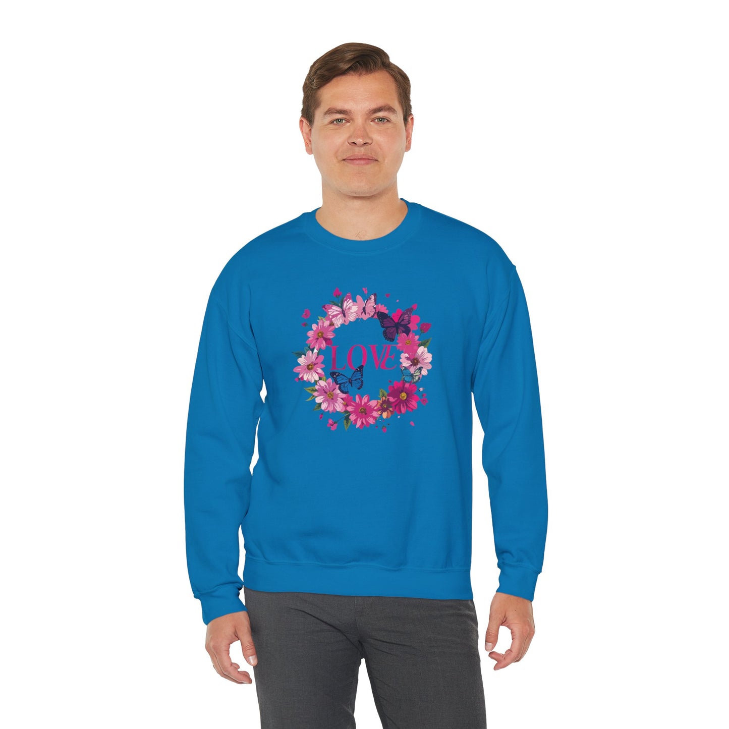 Unisex Floral Love Sweatshirt Butterfly Print 50 50 Cotton Poly Valentines Day