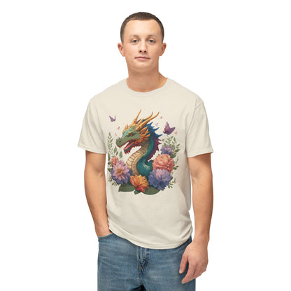 Dragon Art Tee Unisex Vintage Floral Tee Full Color Print HD Cotton