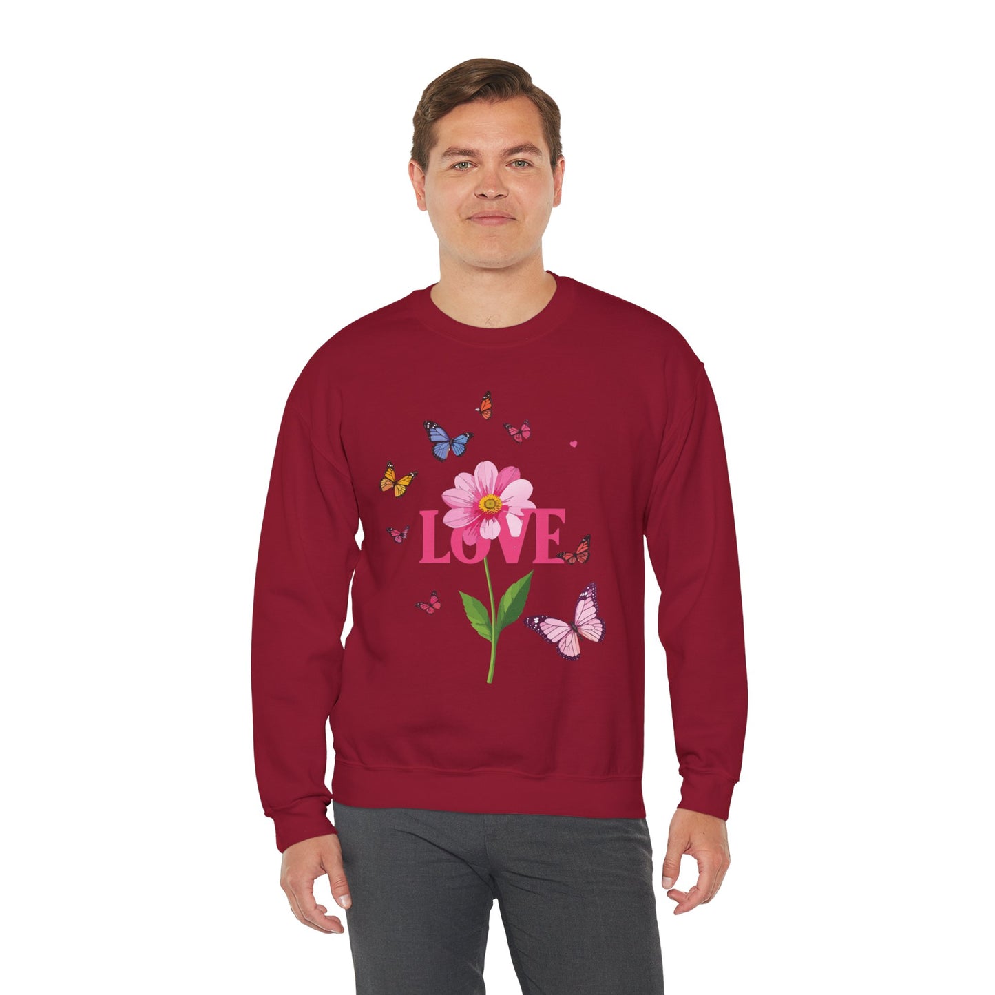 Unisex Floral Love Sweatshirt Valentines Day Cotton Poly Blend Butterfly