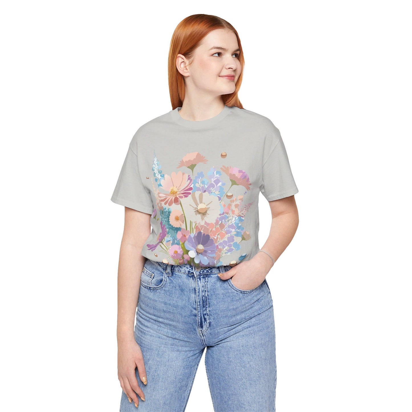 Natural Cotton Tee Shirt with Flowers