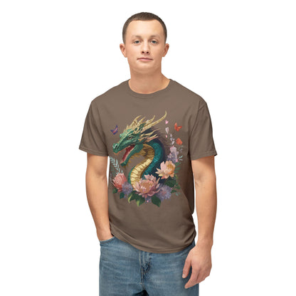 Dragon Art Design Unisex Cotton Tee With Floral Print Artwork And Dragon Graphic