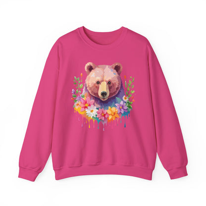 Unisex Floral Bear Sweatshirt Art Design Animals Sweatshirt Cozy Cotton Blend