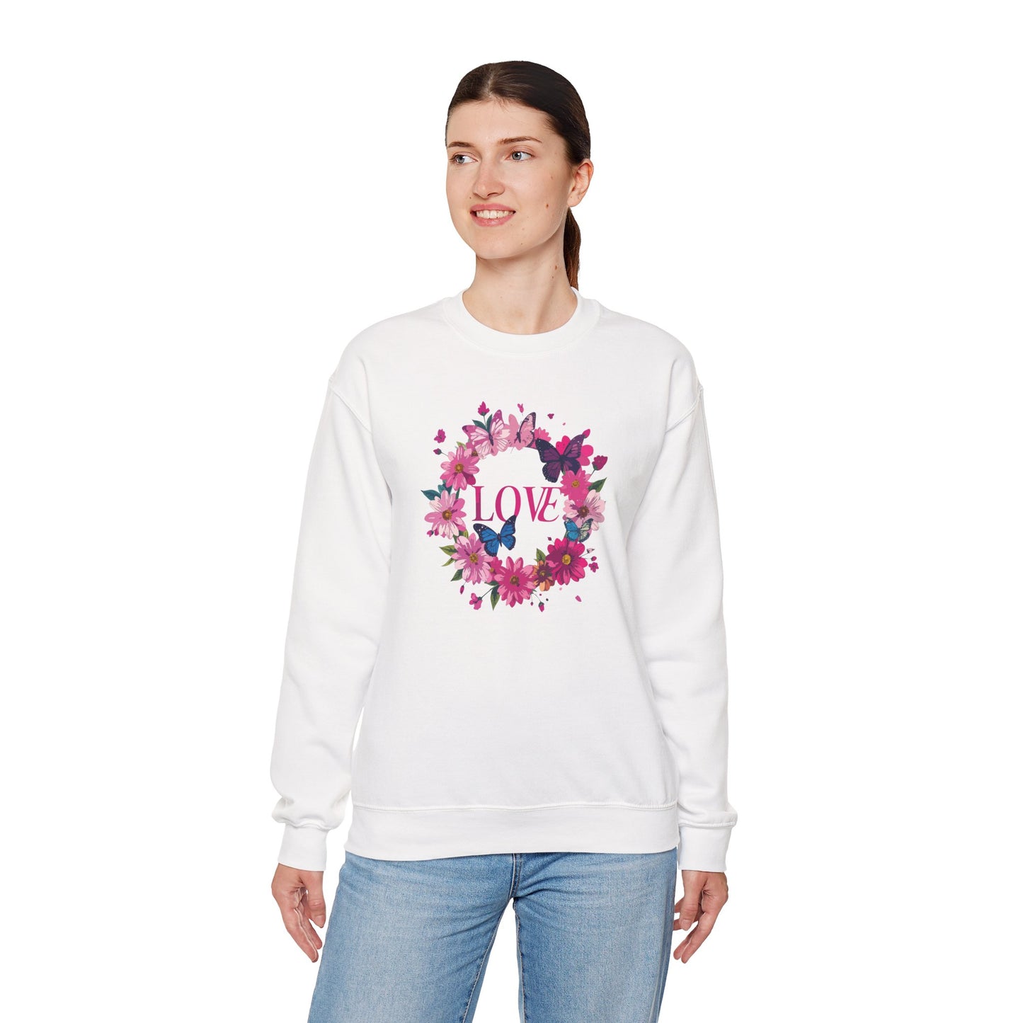 Unisex Floral Love Sweatshirt Butterfly Print 50 50 Cotton Poly Valentines Day